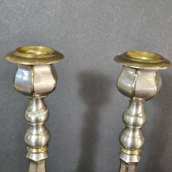 Vintage Pair 10" Solid Brass Two-tone Taper Candle Candlestick Holders India - Picture 3 of 12
